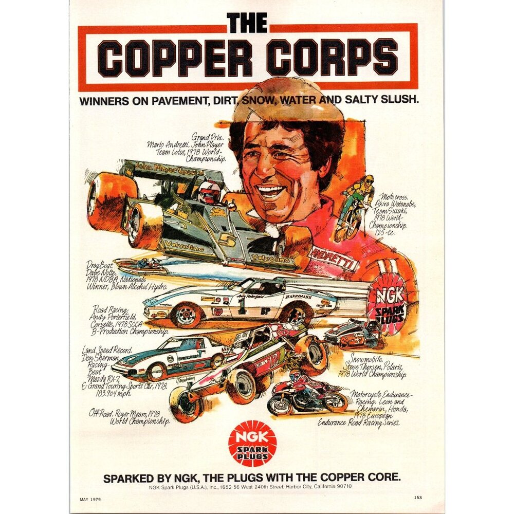 1979 NGK Spark Plugs Mario Andretti Vintage Print Ad Car Racing 70s Wall Art